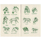 An open spread of the zine, risograph printed in green ink on cream paper. On each page are 6 unique illustrations of horses, some only showing the heads, some full body, all with different shading and coats. Each has a name, including “Lady”, “Socks” and “Paint by Numbers”