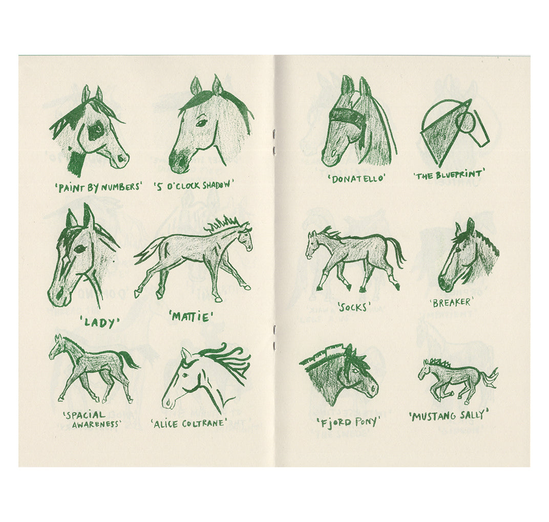 An open spread of the zine, risograph printed in green ink on cream paper. On each page are 6 unique illustrations of horses, some only showing the heads, some full body, all with different shading and coats. Each has a name, including “Lady”, “Socks” and “Paint by Numbers”