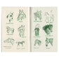 An open spread of the zine, risograph printed in green ink on cream paper. On each page are 6 unique illustrations of horses, some only showing the heads, some full body, all with different shading and coats. Each has a name, including “Cher”, “The Republic”, and “blue eyes” 