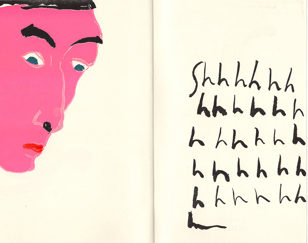 A pink face masculine face with a large nose and black eyebrows peeks down from the upper corner of the left page. On the right page the sounds "Shhhhhhhh..." scrowls down the page taking up 6 lines of text.